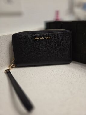 Michael Kors Black Pebbled Leather Wristlet Wallet with Gold Logo
